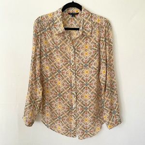 Zac & Rachel Size Large Paisley Print Button Front Blouse Roll Cuff Sleeve